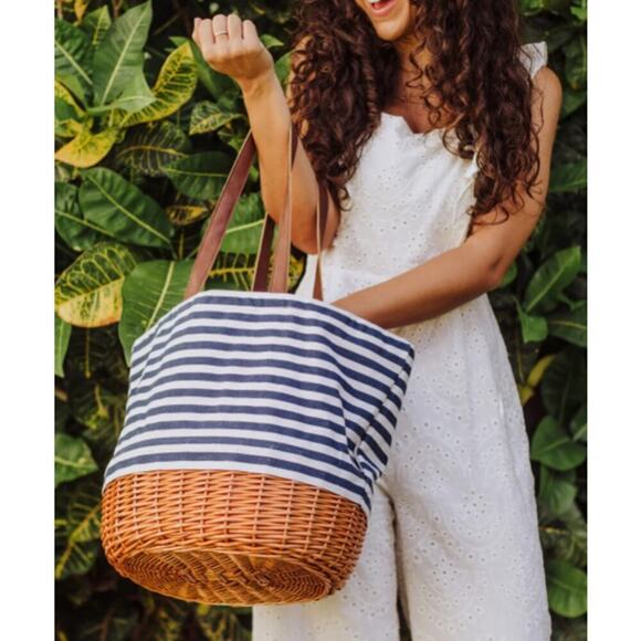 Picnic Time Coronado Canvas and Willow Basket Tote Navy Blue White Striped - Picture 2 of 16
